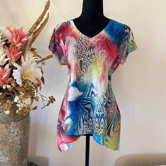 Chicos Tops - Y2k Floral Vibrant Artsy Asymmetrical Hem Colorful Flowy Tunic Top w Rhinestones